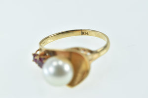 14K 1930's Pearl Ruby Bow Statement Ring Yellow Gold