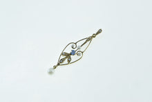 Load image into Gallery viewer, 14K Victorian Ornate Seed Pearl Iolite Scroll Pendant Yellow Gold