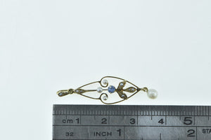 14K Victorian Ornate Seed Pearl Iolite Scroll Pendant Yellow Gold