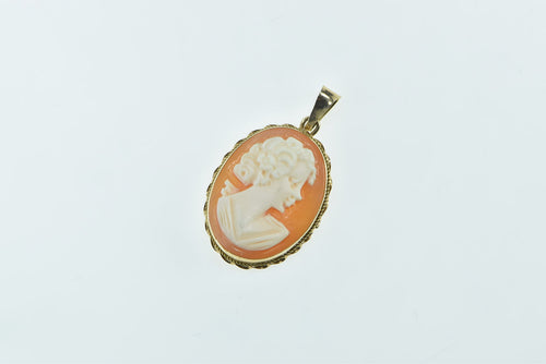 14K Carved Shell Cameo Ornate Statement Pendant Yellow Gold
