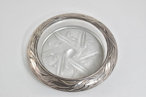 Sterling Silver Ornate Wavy Leaf Vintage Glass Candy Dish