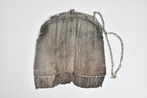 Sterling Silver Victorian Mesh Chain Fringe Tassel Purse Hand Bag