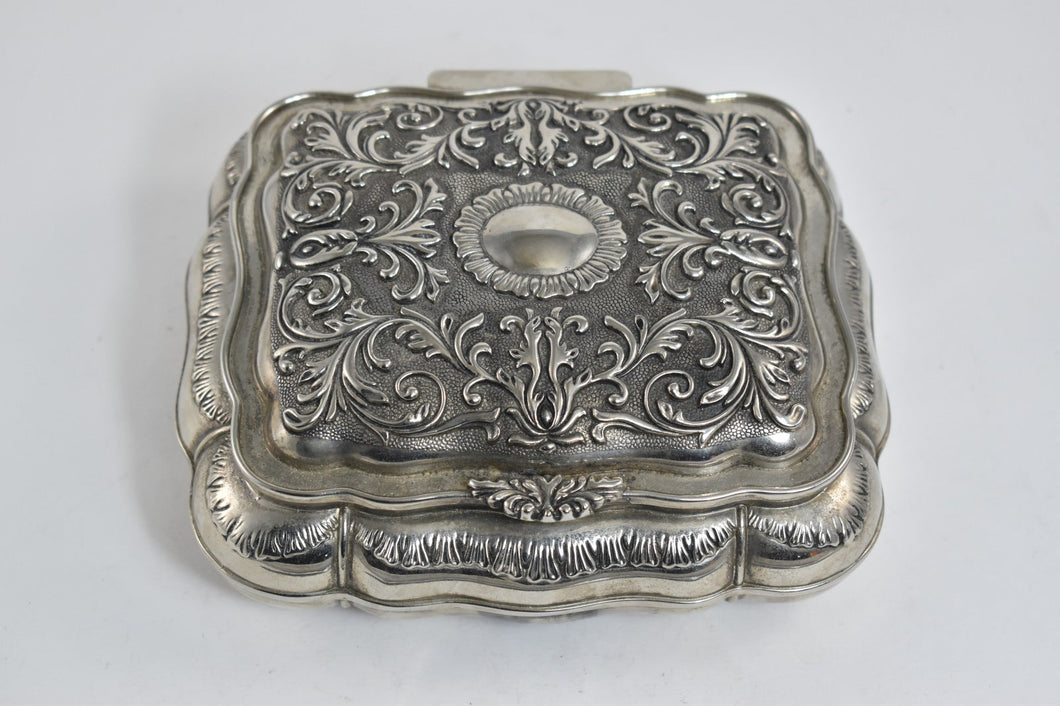 Silver Plated Elaborate Scroll Work Red Velvet Lined Jewelry Box