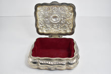 Load image into Gallery viewer, Silver Plated Elaborate Scroll Work Red Velvet Lined Jewelry Box