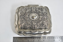 Load image into Gallery viewer, Silver Plated Elaborate Scroll Work Red Velvet Lined Jewelry Box