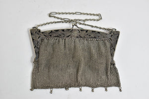 German Silver Ornate Floral Mesh Hand Bag Purse