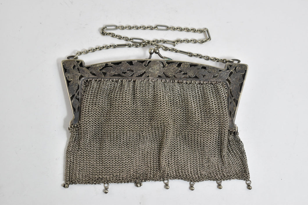German Silver Ornate Floral Mesh Hand Bag Purse