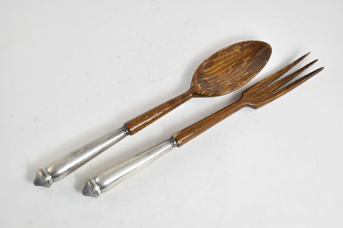 Sterling Silver Ornate Antique Carved Wooden Salad Serving Set 2pcs.