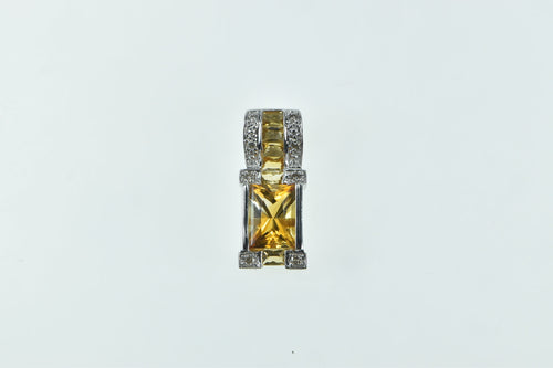 14K Emerald Cut Citrine Ornate Statement Pendant White Gold