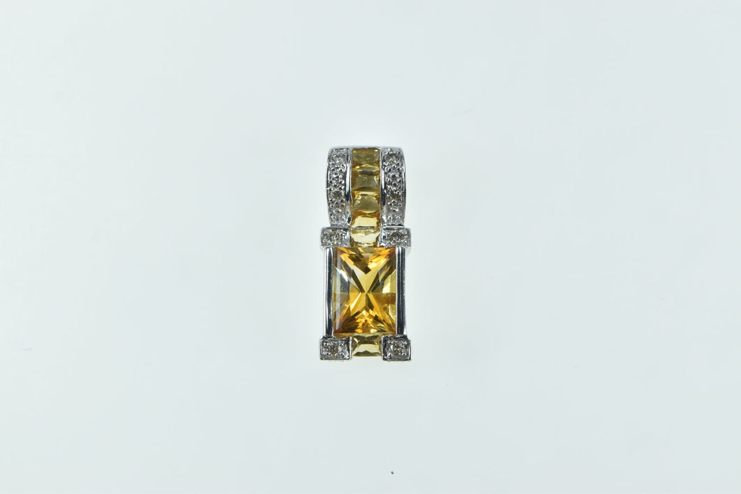 14K Emerald Cut Citrine Ornate Statement Pendant White Gold