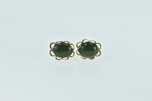 14K Oval Black Onyx Cabochon Vintage Stud Earrings Yellow Gold