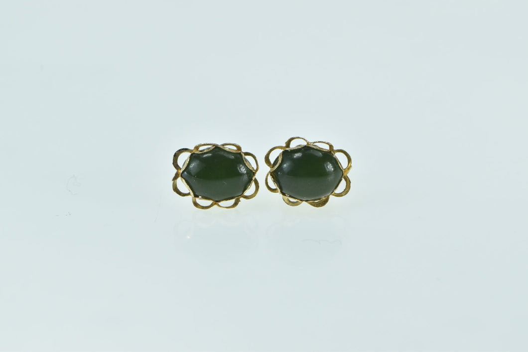 14K Oval Black Onyx Cabochon Vintage Stud Earrings Yellow Gold