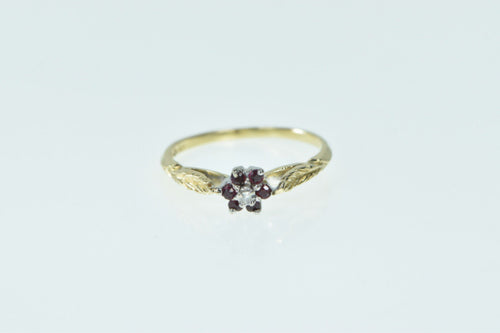 14K Ruby Diamond Flower Leaf Vintage Promise Ring Yellow Gold