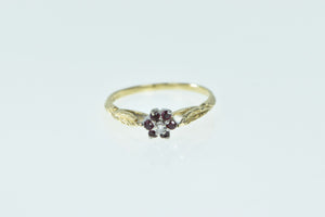 14K Ruby Diamond Flower Leaf Vintage Promise Ring Yellow Gold