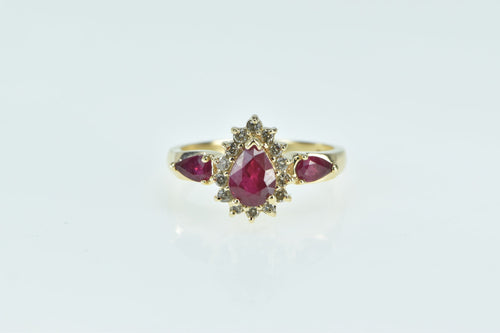 14K Pear Ruby Diamond Halo Engagement Ring Yellow Gold