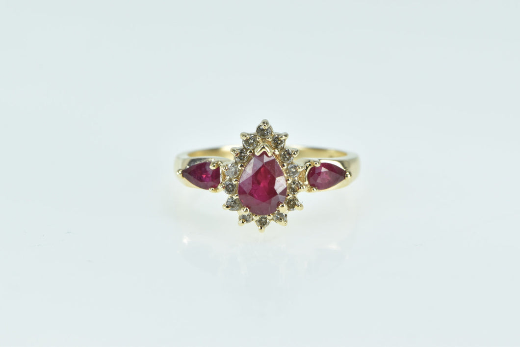 14K Pear Ruby Diamond Halo Engagement Ring Yellow Gold