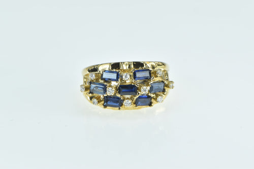 18K Baguette Sapphire Diamond Checkered Ring Yellow Gold