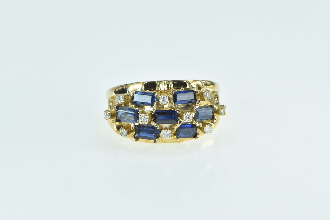 18K Baguette Sapphire Diamond Checkered Ring Yellow Gold