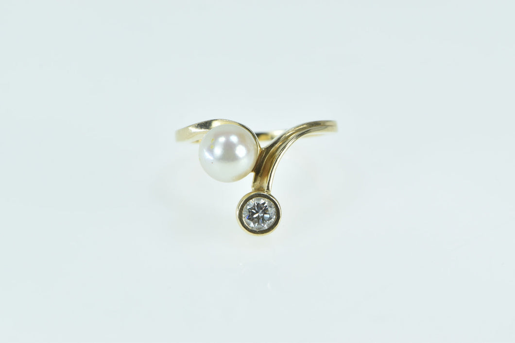 14K Vintage 7mm Pearl 0.36 Ct Diamond Chevron Ring Yellow Gold