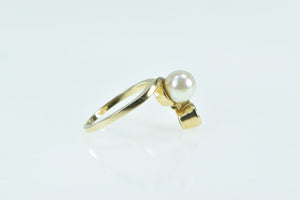 14K Vintage 7mm Pearl 0.36 Ct Diamond Chevron Ring Yellow Gold