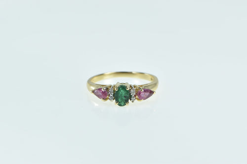 14K Oval Emerald Pear Ruby Diamond Vintage Ring Yellow Gold