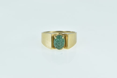 14K Oval Carved Floral Green Chalcedony Vintage Ring Yellow Gold