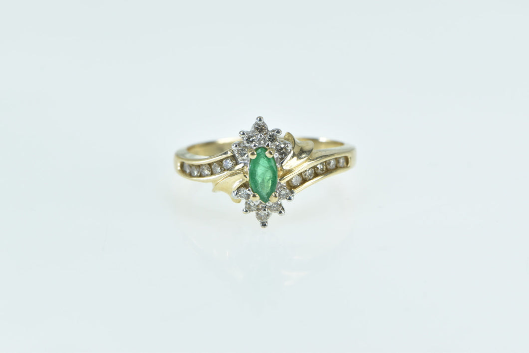 14K Marquise Emerald Diamond Halo Bypass Ring Yellow Gold