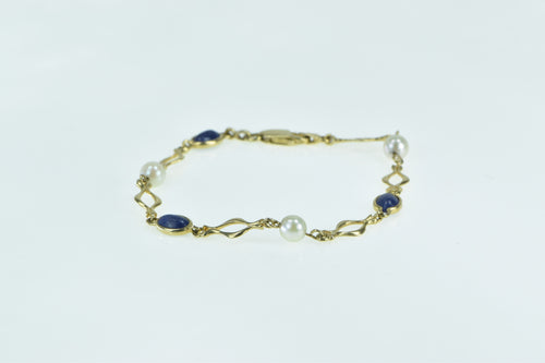 14K Vintage Lapis Lazuli Pearl Statement Chain Bracelet 6.5
