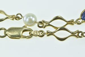 14K Vintage Lapis Lazuli Pearl Statement Chain Bracelet 6.5" Yellow Gold