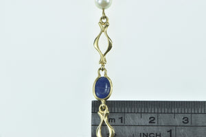 14K Vintage Lapis Lazuli Pearl Statement Chain Bracelet 6.5" Yellow Gold