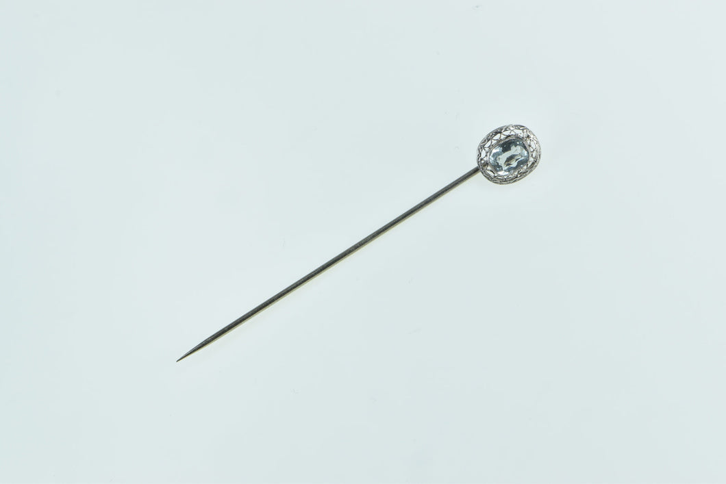 14K Art Deco Ornate Oval Blue Topaz Filigree Stick Pin Yellow Gold