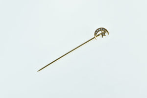 14K Victorian Crescent Moon Star Seed Pearl Stick Pin Yellow Gold