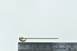 14K Victorian Crescent Moon Star Seed Pearl Stick Pin Yellow Gold