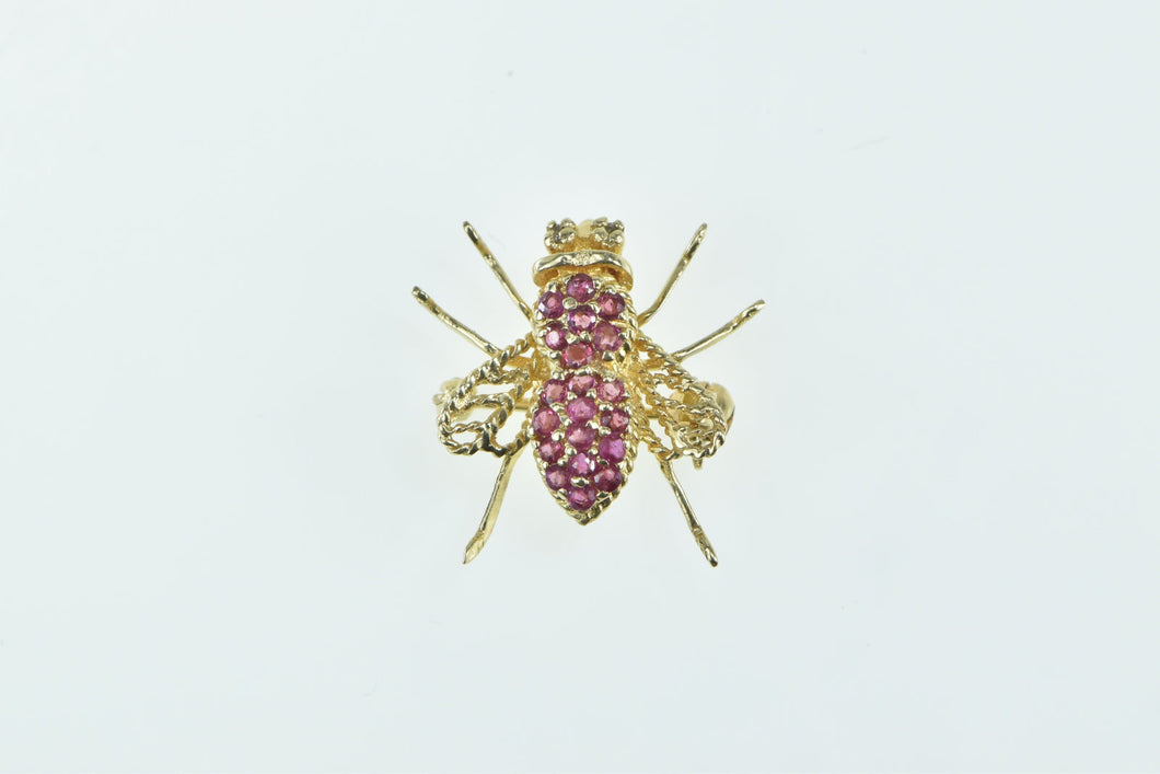 14K Ruby Encrusted Diamond Eyed Fly Insect Pin/Brooch Yellow Gold