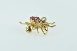 14K Ruby Encrusted Diamond Eyed Fly Insect Pin/Brooch Yellow Gold