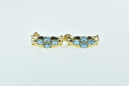 14K Vintage Blue Topaz Ornate Curved Bar Earrings Yellow Gold