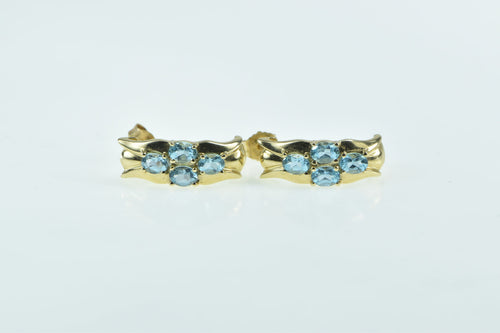 14K Vintage Blue Topaz Ornate Curved Bar Earrings Yellow Gold