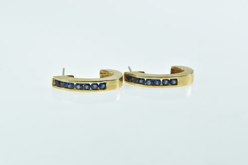 14K Vintage Sapphire Curved Bar Semi Hoop Earrings Yellow Gold