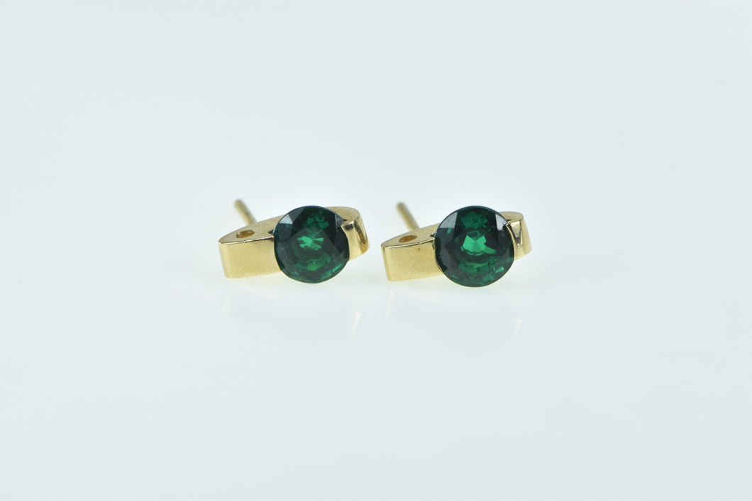 14K Vintage Round Syn. Emerald Squared Stud Earrings Yellow Gold