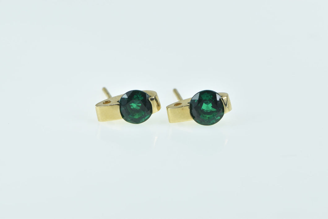 14K Vintage Round Syn. Emerald Squared Stud Earrings Yellow Gold