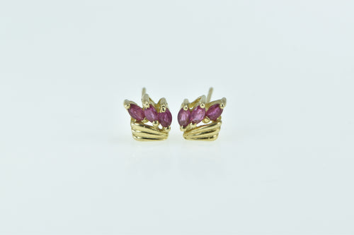 14K Marquise Ruby Vintage Wavy Stud Earrings Yellow Gold