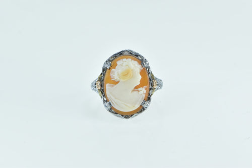 14K Art Deco Ornate Filigree Carved Shell Cameo Ring White Gold