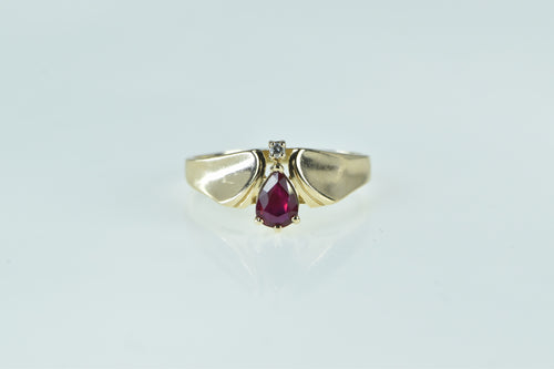 14K Pear Ruby Diamond Accent Vintage Chevron Ring Yellow Gold
