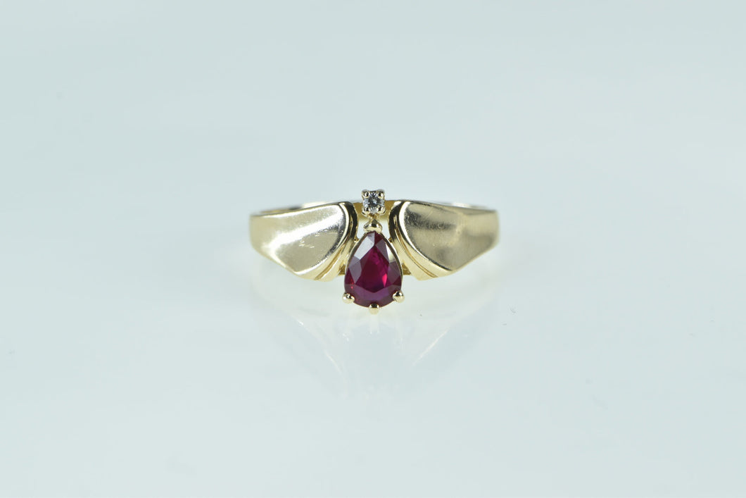 14K Pear Ruby Diamond Accent Vintage Chevron Ring Yellow Gold