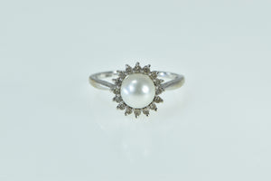 14K 7mm Cultured Pearl Diamond Halo Vintage Ring Yellow Gold