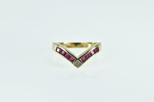 14K Princess Ruby Chevron Diamond Vintage Ring Yellow Gold