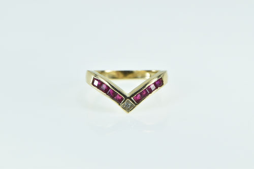 14K Princess Ruby Chevron Diamond Vintage Ring Yellow Gold