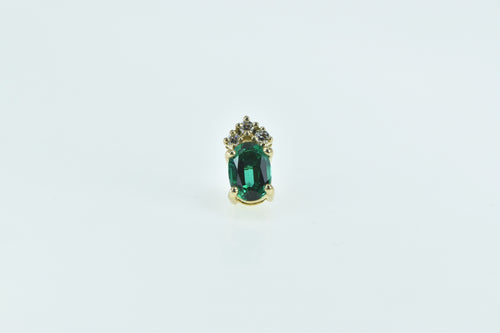 14K Oval Syn. Emerald Diamond Single Stud Earring Yellow Gold