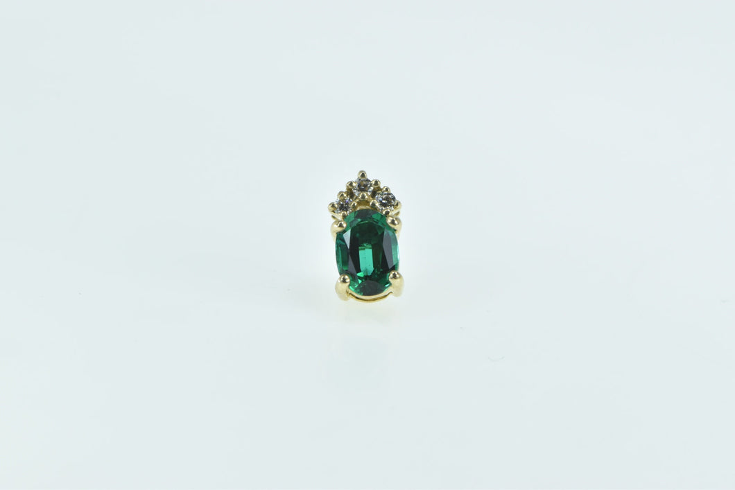 14K Oval Syn. Emerald Diamond Single Stud Earring Yellow Gold