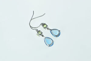 10K Pear Blue Topaz Peridot Dangle Statement Earrings White Gold